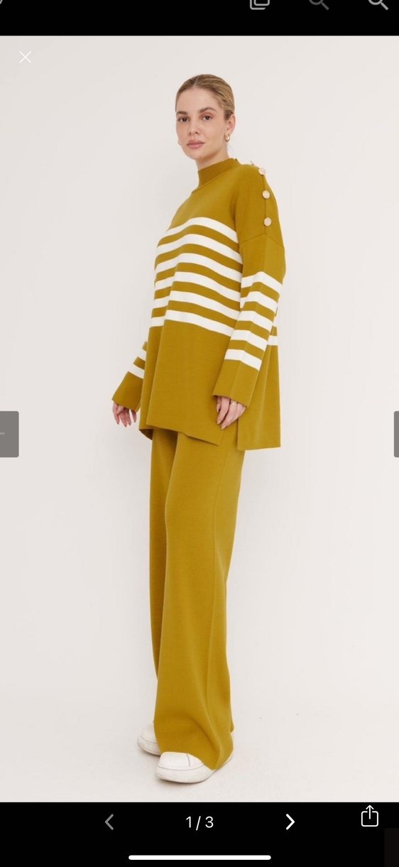 Sarı Çizgili Yüksek Yakalı Triko Kadın takım - Görsel 2