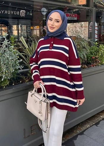 Çizgili Polo Yaka Triko Tunik