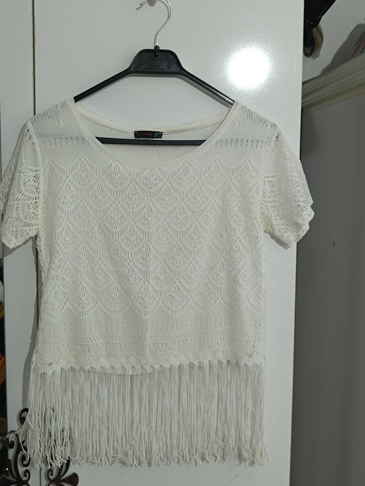 Beyaz Dantel Püsküllü Bohem Kadın Bluz - Görsel 2