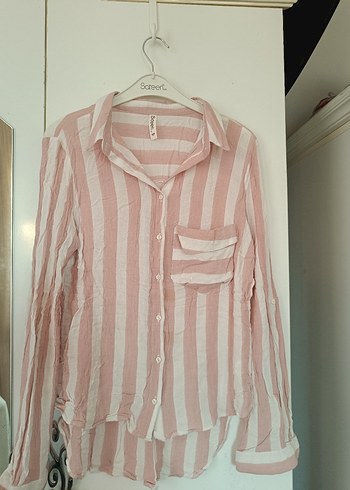 Pembe Çizgili V Yaka Keten Gömlek - Görsel 2