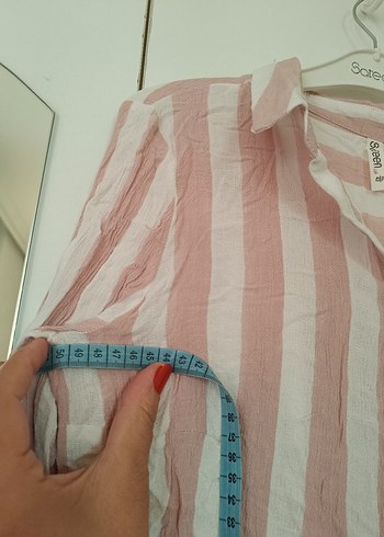 Pembe Çizgili V Yaka Keten Gömlek - Görsel 5