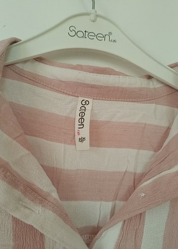 Pembe Çizgili V Yaka Keten Gömlek - Görsel 4