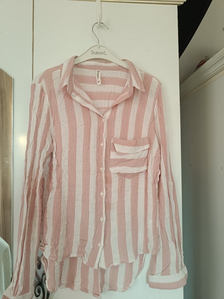 Pembe Çizgili V Yaka Keten Gömlek - Görsel 2