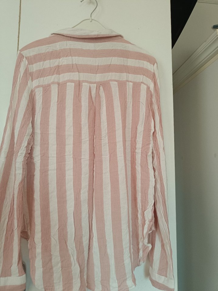 Pembe Çizgili V Yaka Keten Gömlek - Görsel 3