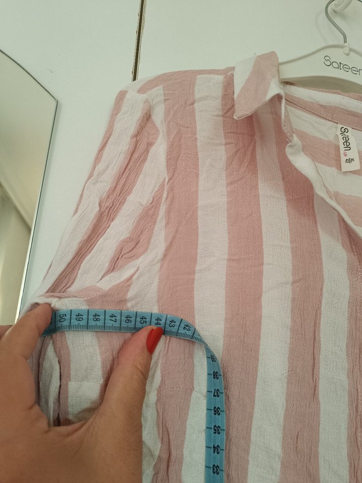 Pembe Çizgili V Yaka Keten Gömlek - Görsel 5