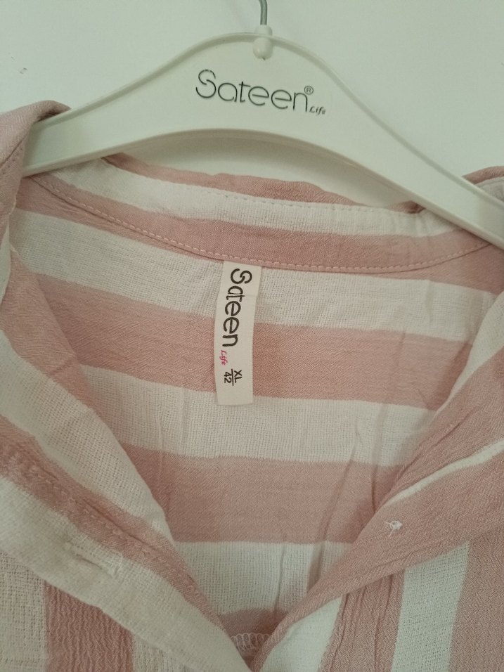 Pembe Çizgili V Yaka Keten Gömlek - Görsel 4