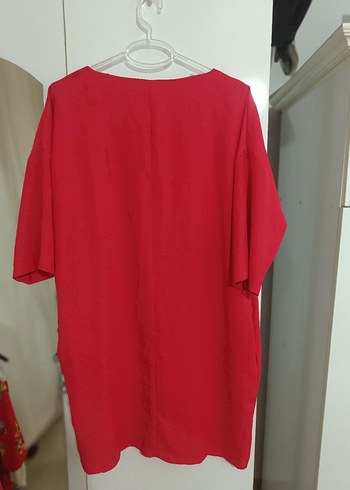 Kırmızı oversize koton elbise - Görsel 4