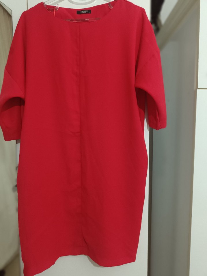 Kırmızı oversize koton elbise - Görsel 2