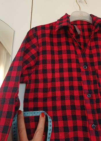 Kırmızı Ekose Düğmeli Kadın Gömlek - Görsel 6