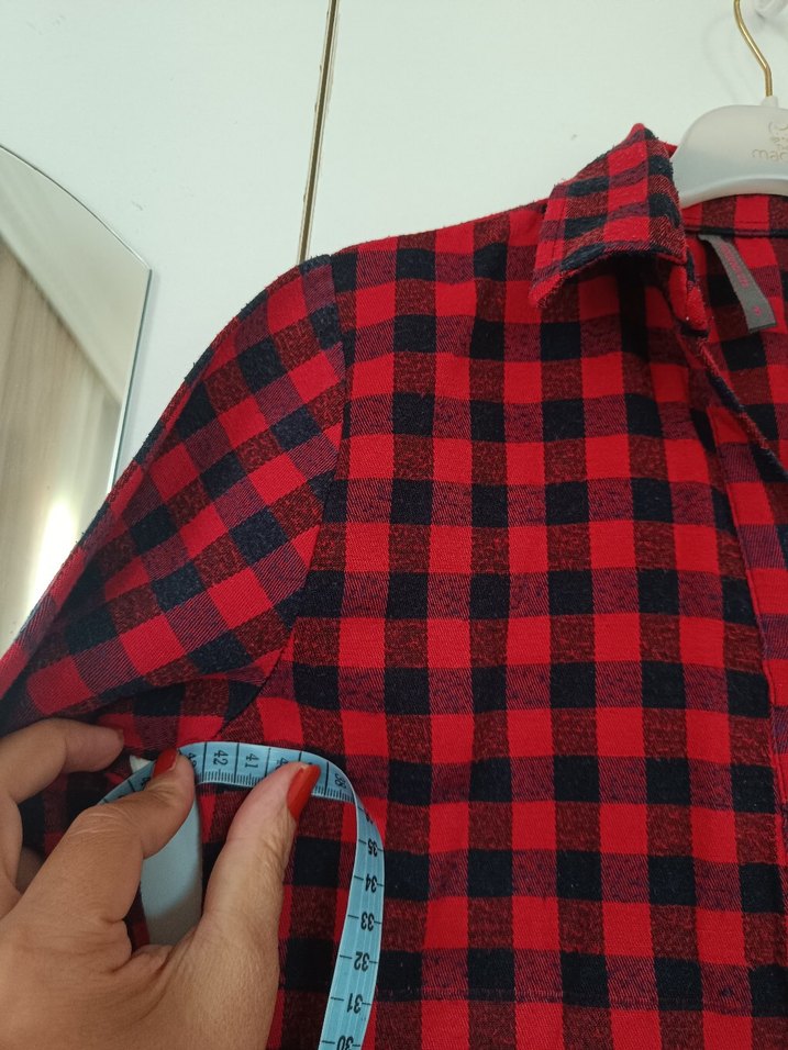 Kırmızı Ekose Düğmeli Kadın Gömlek - Görsel 5