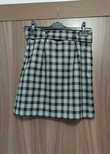 Gri Kareli Kemerli Mini Etek - Görsel 2