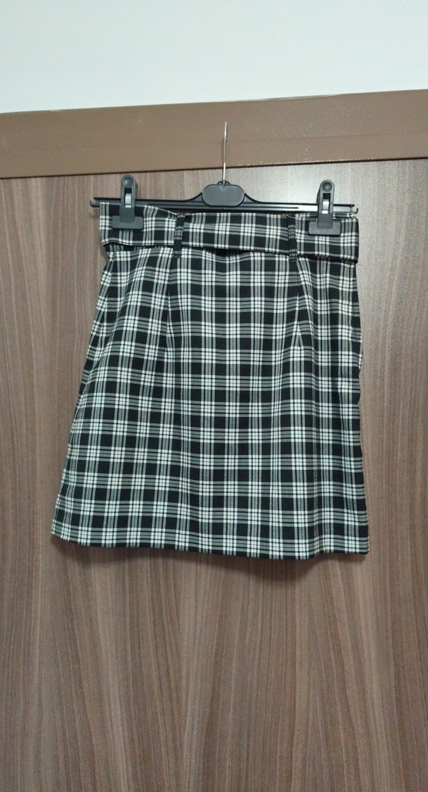 Gri Kareli Kemerli Mini Etek - Görsel 2