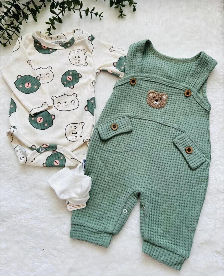 Bebek Salopet Tulum Takımı Ayıcık Desenli Badi - Görsel 3