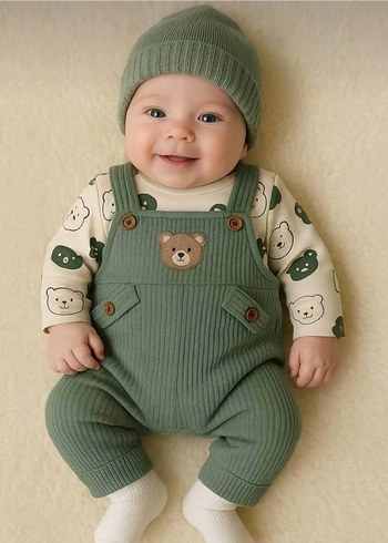 Bebek Salopet Tulum Takımı Ayıcık Desenli Badi - Görsel 2