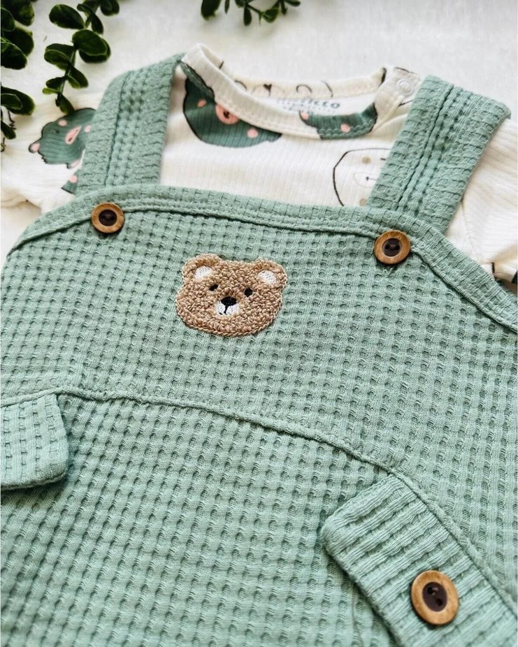 Bebek Salopet Tulum Takımı Ayıcık Desenli Badi - Görsel 4