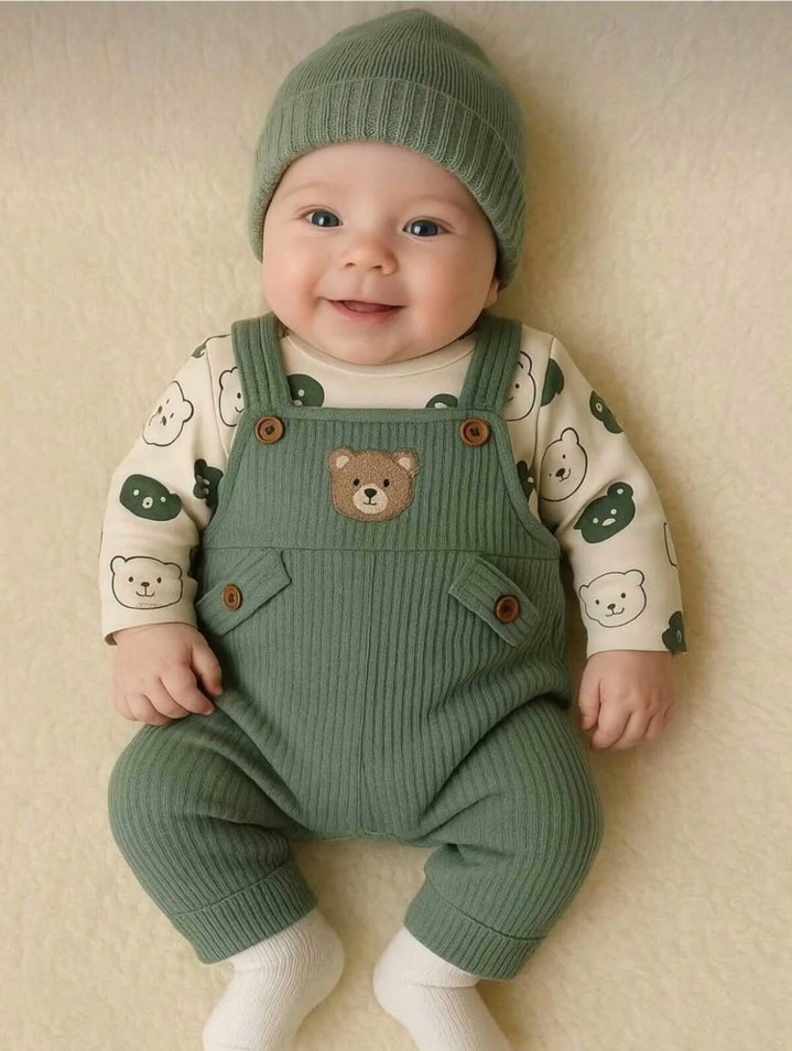 Bebek Salopet Tulum Takımı Ayıcık Desenli Badi - Görsel 2