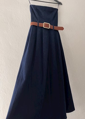 s Beden Kemerli Lacivert Uzun Denim Elbise