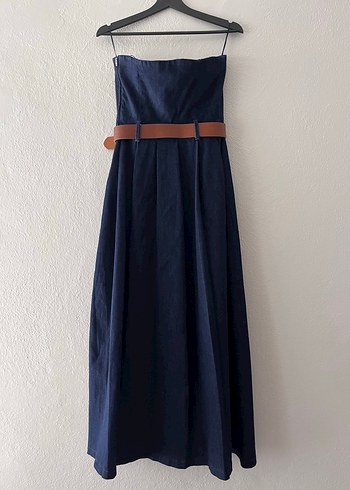 Zara Kemerli Lacivert Uzun Denim Elbise