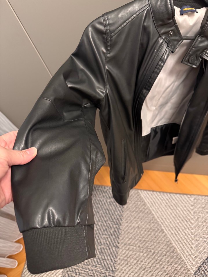 Çocuk , Siyah Suni Deri Biker Ceket, Fermuarlı, Normal Boy - Görsel 4