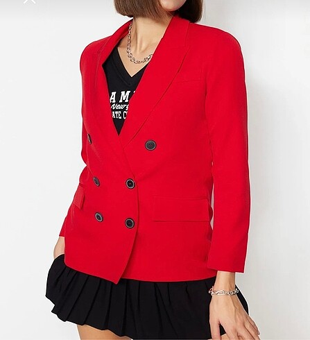 Zara Kırmızı dokuma astarlı kruvaze kapama blazer ceket