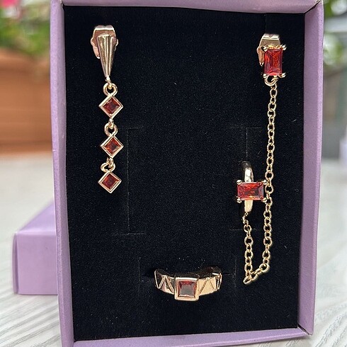swarovski Kiremit renkli 3 taşlı küpe seti