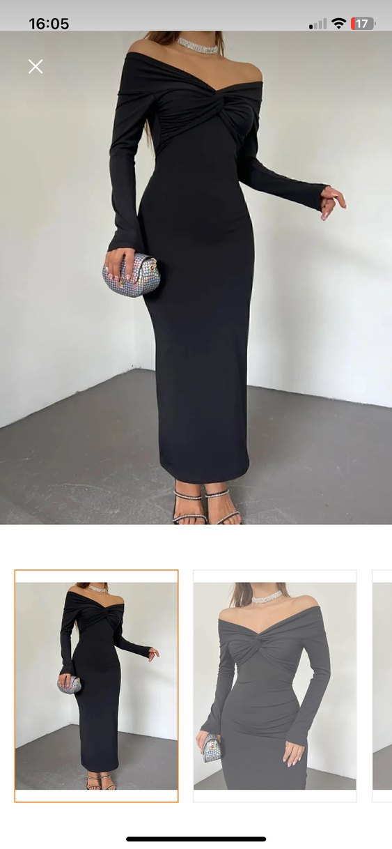 Siyah V Yakalı Uzun Kollu Uzun Elbise - Görsel 4