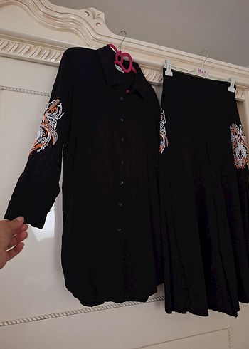Etnik Esintiler Nakışlı Siyah Bohem Kadın Tunik Takım