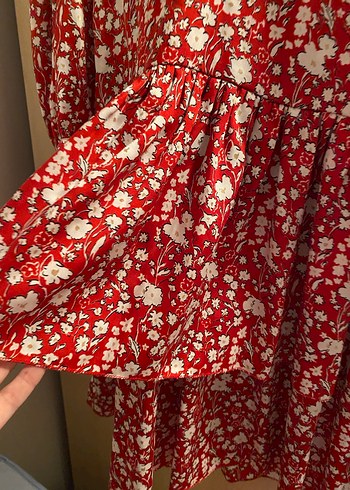 Zara Kırmızı V Yaka Bohem Midi Elbise