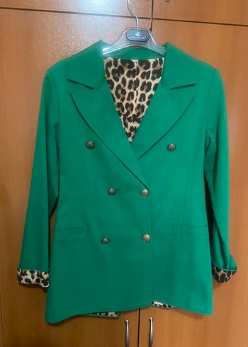 Zara Leopar Desenli Yesil Kadin Blazer Ceket