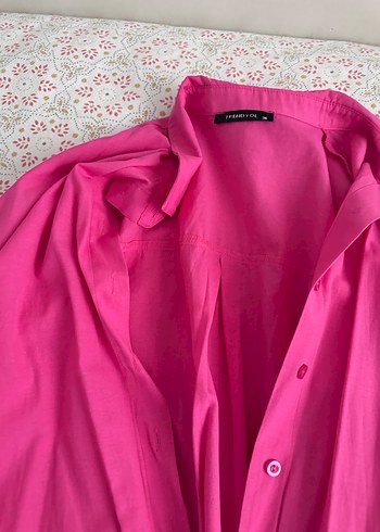 36 Beden pembe Renk Düğmeli Pembe Keten Gömlek