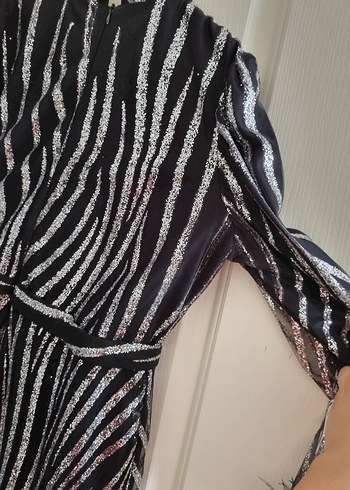 44 Beden gri Renk Kürk Detaylı Zebra Desenli Uzun Abiye