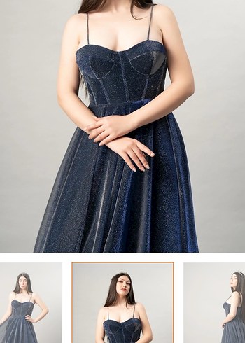 Uzun Lacivert V Yakalı Drapeli Gece Elbisesi RCE Moda 44 Beden - Görsel 3