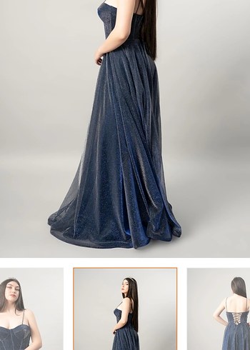 Uzun Lacivert V Yakalı Drapeli Gece Elbisesi RCE Moda 44 Beden - Görsel 2