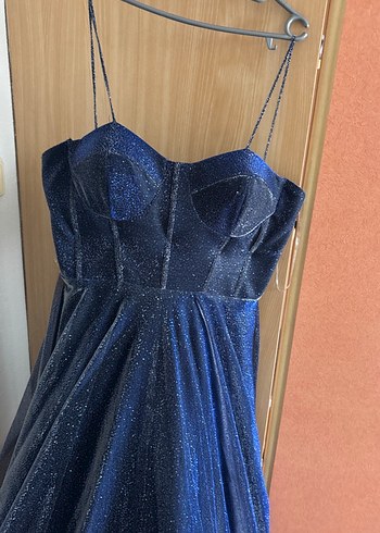 Uzun Lacivert V Yakalı Drapeli Gece Elbisesi RCE Moda 44 Beden - Görsel 5