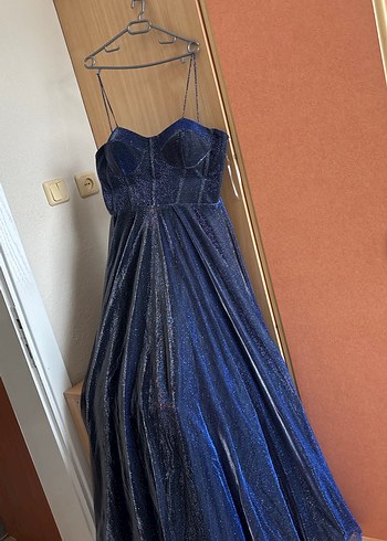 Uzun Lacivert V Yakalı Drapeli Gece Elbisesi RCE Moda 44 Beden - Görsel 6