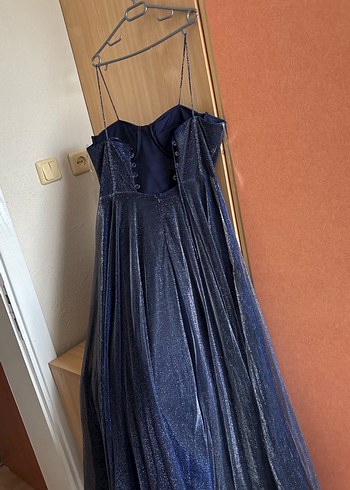 Uzun Lacivert V Yakalı Drapeli Gece Elbisesi RCE Moda 44 Beden - Görsel 7