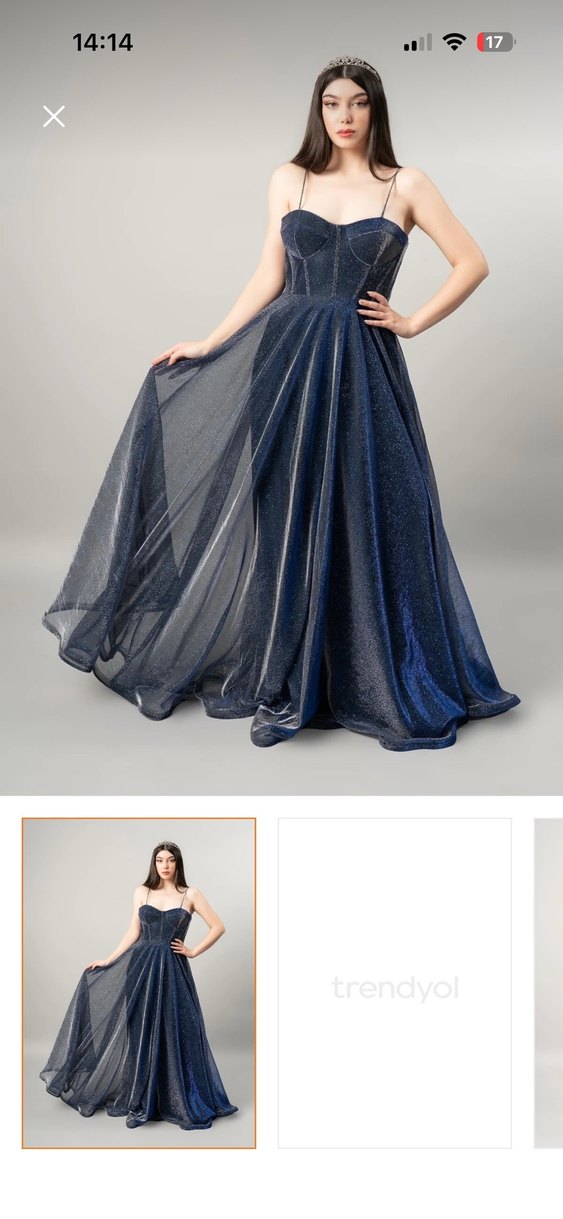 Uzun Lacivert V Yakalı Drapeli Gece Elbisesi RCE Moda 44 Beden - Görsel 4