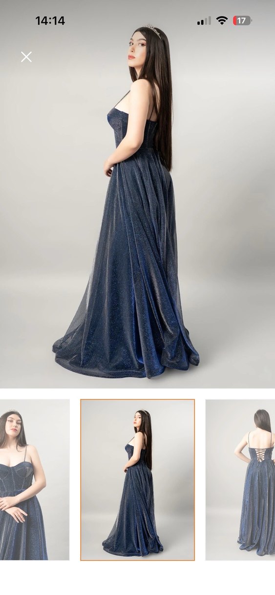 Uzun Lacivert V Yakalı Drapeli Gece Elbisesi RCE Moda 44 Beden - Görsel 2