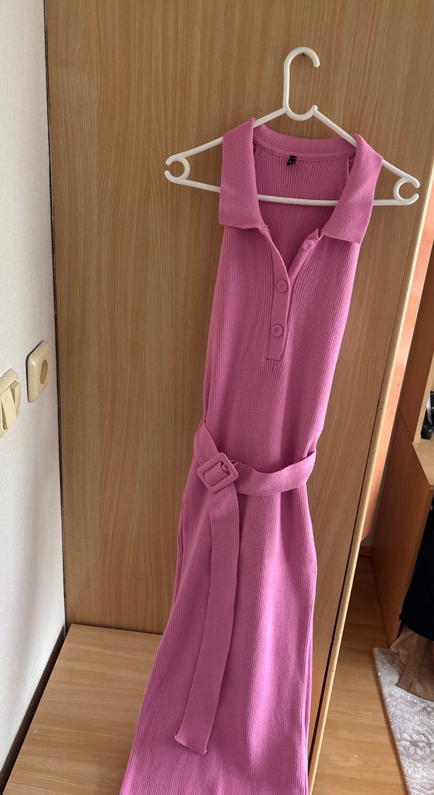 Pembe Midi V Yakalı Kemerli Kadın Elbise - Görsel 2