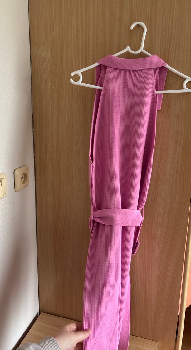 Pembe Midi V Yakalı Kemerli Kadın Elbise - Görsel 4