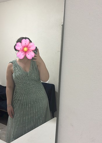 Turkuaz İşlemeli V Yaka Uzun Abiye Elbise 48 Beden Velisia Marka - Görsel 3