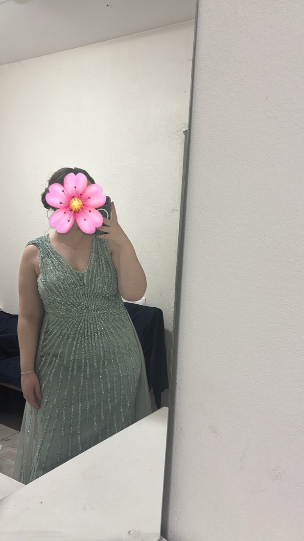 Turkuaz İşlemeli V Yaka Uzun Abiye Elbise 48 Beden Velisia Marka - Görsel 3