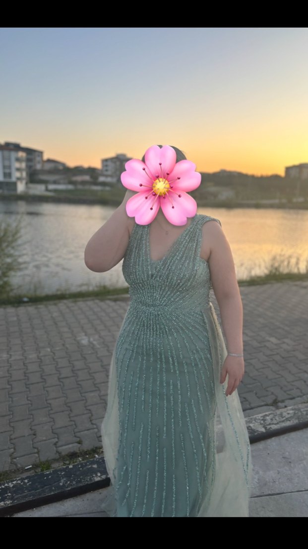 Turkuaz İşlemeli V Yaka Uzun Abiye Elbise 48 Beden Velisia Marka - Görsel 2