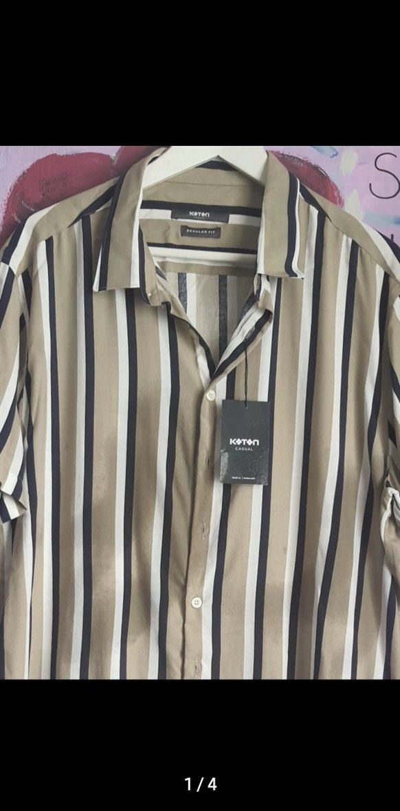 koton marka Bej Çizgili Kısa Kollu Erkek Gömlek - Görsel 2