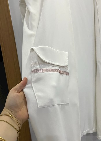 Beyaz Uzun Kollu Kadın Uzun Boy Kimono ceket - Görsel 2