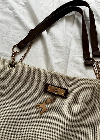 Bej Keten Fermuarlı Kadın Çanta - Görsel 3