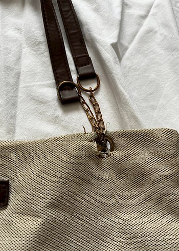 Bej Keten Fermuarlı Kadın Çanta - Görsel 4