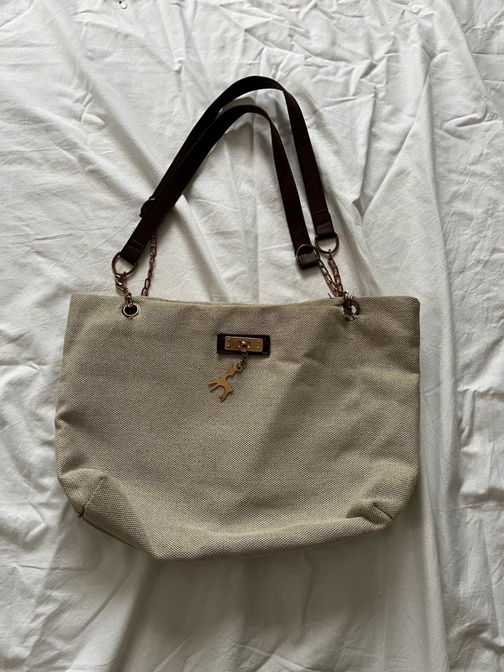 Bej Keten Fermuarlı Kadın Çanta - Görsel 2