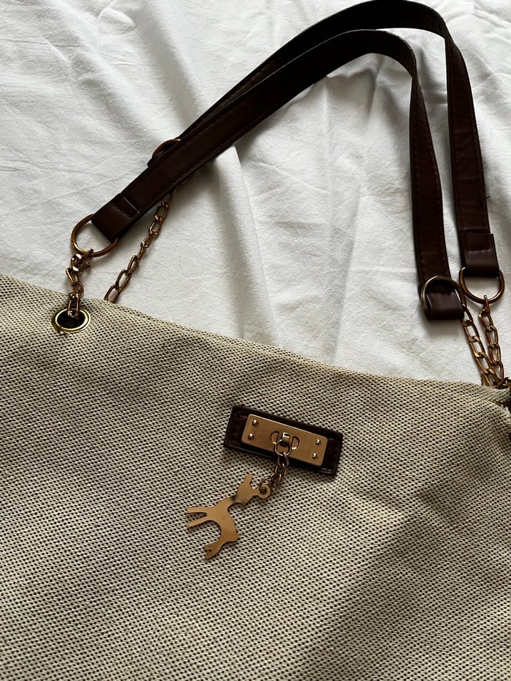 Bej Keten Fermuarlı Kadın Çanta - Görsel 3