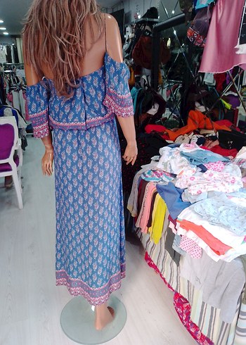 Saten Mavi Bohem Dantel Detaylı Uzun Elbise
